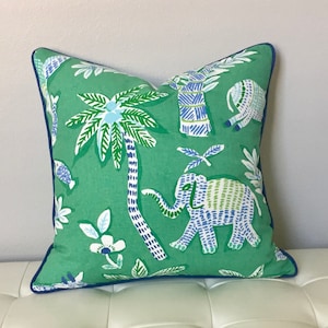 Thibaut Goa in Green with Elephant and Donkey Designer Pillow Cover with or without Piping, DOUBLE SIDED - Square and Euro Sizes