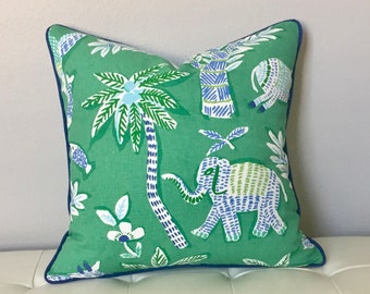 Thibaut Goa in Green with Elephant and Donkey Designer Pillow Cover with or without Piping, DOUBLE SIDED - Square and Euro Sizes