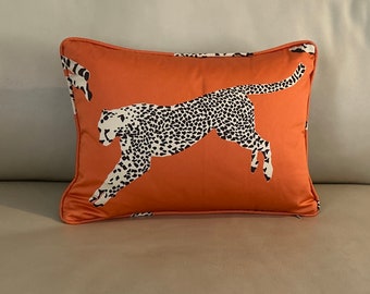 Quick Ship - Scalamandre Leaping Cheetahs in Clementine Designer Pillow with Self Welt, Pillow Insert Included