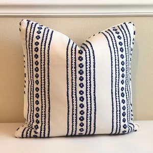 Thibaut New Haven Stripe in Navy (on Both Sides) Designer Pillow Cover with or without Piping- Square, Lumbar and Euro Pillow Cover Sizes