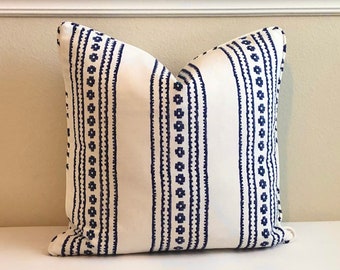 Thibaut New Haven Stripe in Navy (on Both Sides) Designer Pillow Cover with or without Piping- Square, Lumbar and Euro Pillow Cover Sizes