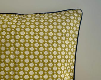 Schumacher Betwixt Pillow Cover: Chartreuse Ivory Geometric with Navy Piping