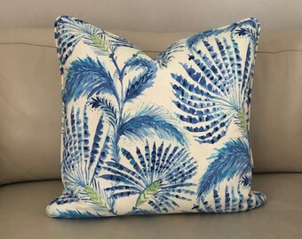 Feathery Leaves in Azure Blue and Green Designer Pillow Cover with or without Piping, Double Sided, Dena Designs