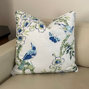 Thibaut Yukio in Blue and Green on White  (on Both Sides) Designer Pillow Cover with or without Piping - Square, Lumbar and Euro Sizes