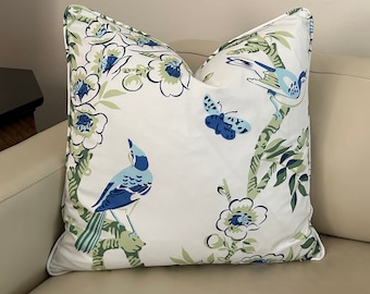 Thibaut Yukio in Blue and Green on White  (on Both Sides) Designer Pillow Cover with Piping, 20x20