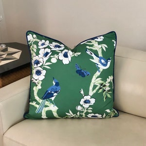 Thibaut Yukio in Green and Blue (on Both Sides) Designer Pillow Cover with or without Piping - Square, Lumbar and Euro Sizes