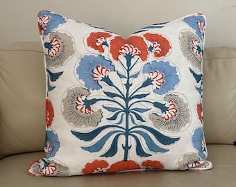 Thibaut Tybee Tree in French Blue and Coral Designer Pillow Cover with or without Piping, Double Sided - Square, Euro, and Lumbar Sizes