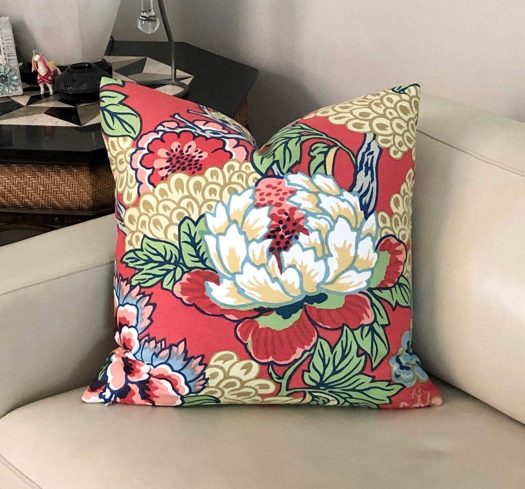 Thibaut Honshu in Coral and Green Designer Pillow Cover With or Without