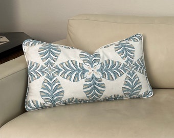 Thibaut Starleaf in Aqua Lumbar Designer Pillow Cover with Piping, Made and Ready to Ship, 12x20 and 12x24