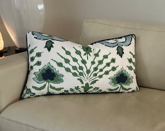 Thibaut Mendoza Suzani Blue and Green Designer Pillow Cover with Piping, Lumbar