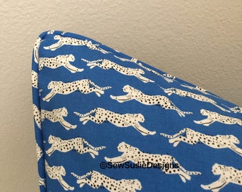 Schumacher Leaping Leopards in Blue (ON BOTH SIDES) Designer Pillow Cover with or without Self Welting, Square, Euro and Lumbar Sizes