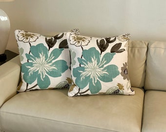 Gorgeous Aqua and Pearl Floral  Pillow Cover with Piping