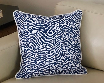 Thibaut St Croix in Navy and White (on Both Sides) Designer Pillow Cover with White Linen Piping, Square and Lumbar