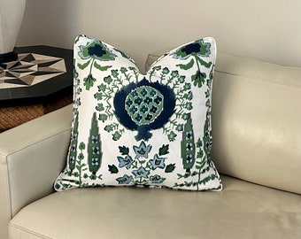 Thibaut Mendoza Suzani Blue and Green Designer Pillow Cover with or without Piping, Double Sided - Square, Euro, Shams and Lumbar Sizes