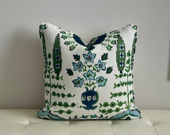 Thibaut Mendoza Suzani Pillow Cover: Blue Green Floral Vase, Custom Piping