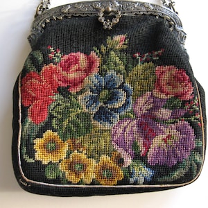 Antique Vintage Needlepoint Petit Point Floral Handbag Purse