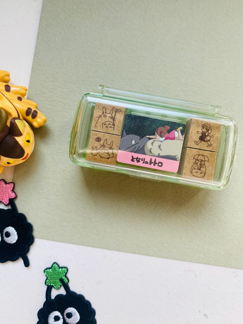 Studio Ghibli My Neighbor Totoro Wooden Stamp Set | Cute Totoro Mini Stamps with Ink Pad | Planner, Journal & Craft Stamps (4 or 9 pcs) 4 piece set - B
