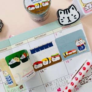 Rollo de notas adhesivas Papier Platz x Concombre Sushi / Cinta adhesiva decorativa con diseño de gato neko / Notas adhesivas para planificadores kawaii (100 unidades)