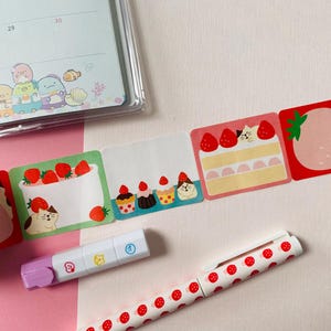 Rollo de notas adhesivas - Strawberry Fair/ Papier Platz x Concombre / Neko / Cinta decorativa / Pegatinas con estampado (100 unidades)