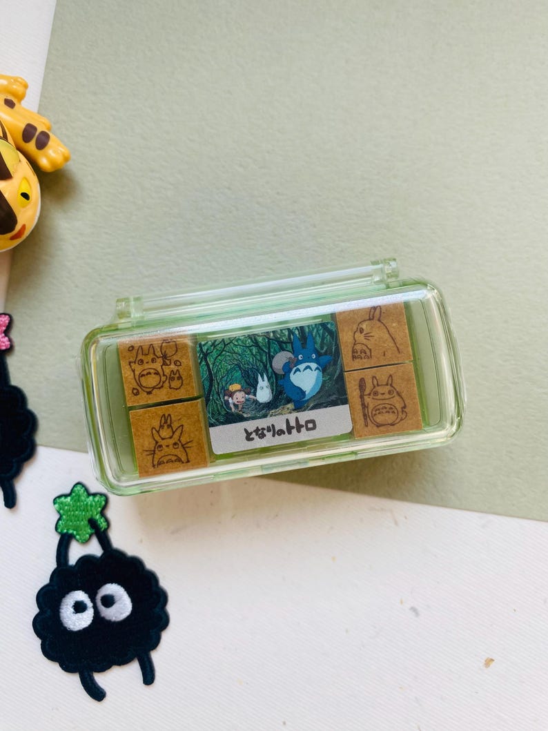 Studio Ghibli My Neighbor Totoro Wooden Stamp Set | Cute Totoro Mini Stamps with Ink Pad | Planner, Journal & Craft Stamps (4 or 9 pcs) 4 piece set - C
