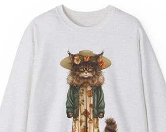 Bohemian Chic Cat T-Shirt, Floral Feline with Hat Tee, Rustic Elegance Kitty Top, Cat Lover Gift, Cat Lover Crewneck, Cute Cat Sweatshirt