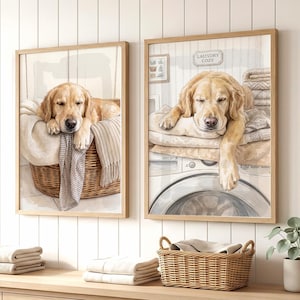 May include: Two framed wall art prints featuring golden retriever dogs. The left print shows a dog resting in a wicker laundry basket. The right print depicts a dog lying on a washing machine with the text Laundry Cozy visible on the wall.