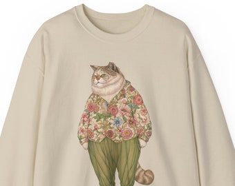 Floral Jacket Feline Tee, Elegant Cat in Slacks Shirt, Sophisticated Kitty Attire Top, Spring Blossom Cat Fashion T-Shirt