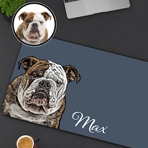 May include: A blue personalized mousepad with a white bulldog illustration and the name "Max" printed in white.