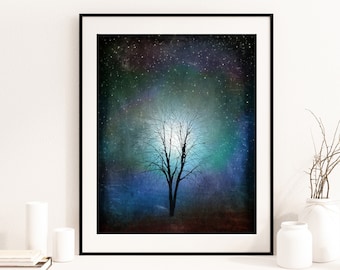 Starry Starry Night, tree art print.blue-tree art print giclee print, tree art,print,gift,art collectibles,wall art,wall decor