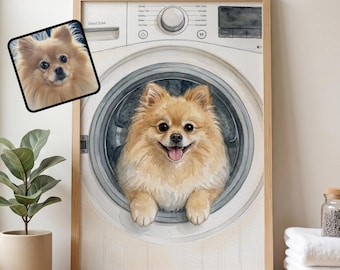 May include: A framed watercolor print features a Pomeranian dog inside a washing machine. The dog has light brown fur and a happy expression. A smaller square print of the dog is on the left. The frame is light brown.