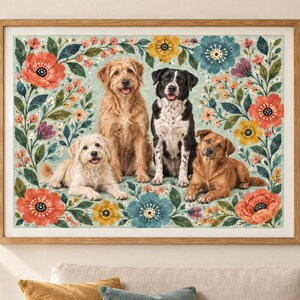 May include: A rectangular wall art print featuring three dogs sitting and lying amidst a colorful floral border. The dogs include a light-colored fluffy dog, a golden-brown dog, and a black and white dog. The border contains red, yellow, and blue flowers.
