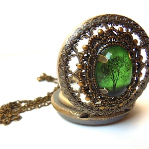 Pocket Watch Necklace. Tree Necklace. Christmas Gifts. Emerald Bewitched.Birthday Gift.Green Necklace.Wearable Art.
