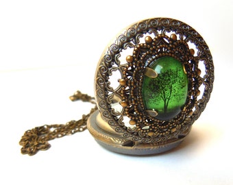 Emerald Tree Pocket Watch Necklace, Antique Bronze Wearable Art
