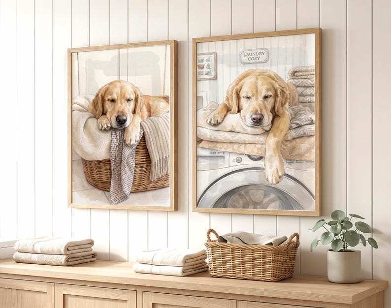 May include: Two framed wall art prints featuring golden retriever dogs. The left print shows a dog resting in a wicker laundry basket. The right print depicts a dog lying on a washing machine with the text Laundry Cozy visible on the wall.