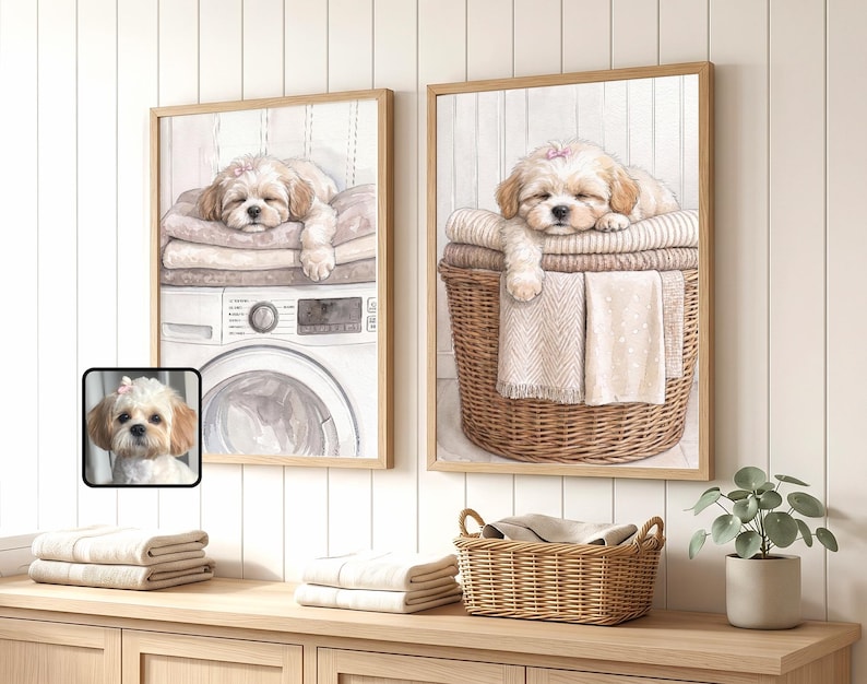 May include: Two framed wall art prints featuring a light-colored puppy sleeping on laundry. The left print shows the puppy on a washing machine, and the right print shows the puppy in a wicker basket. A small inset image shows the puppy's face.