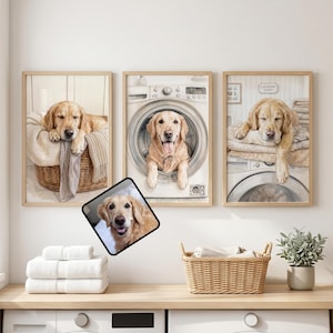 May include: Three framed wall art prints featuring golden retriever dogs in a laundry room setting. One print shows a dog in a wicker basket, another shows a dog inside a washing machine, and the third shows a dog resting on a washing machine.