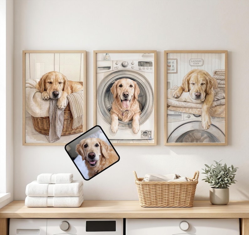 May include: Three framed wall art prints featuring golden retriever dogs in a laundry room setting. One print shows a dog in a wicker basket, another shows a dog inside a washing machine, and the third shows a dog resting on a washing machine.