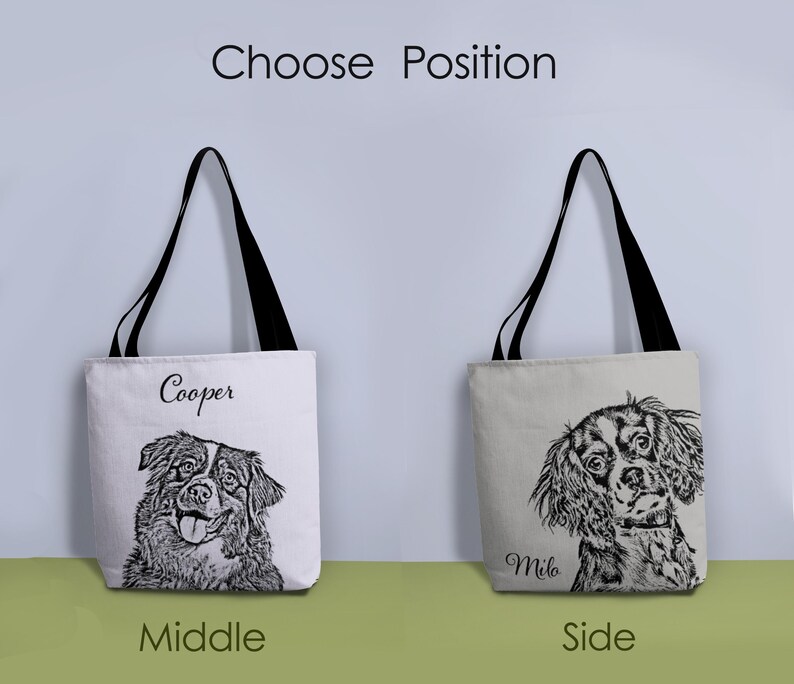 Puede incluir: Dos bolsas de tela con asas negras y lienzo blanco. Una bolsa tiene una ilustraci&oacute;n en blanco y negro de un perro con el nombre "Cooper" impreso en la bolsa. La otra bolsa tiene una ilustraci&oacute;n en blanco y negro de un perro con el nombre "Milo" impreso en la bolsa. El texto "Choose Position" est&aacute; impreso encima de las bolsas. El texto "Middle" est&aacute; impreso debajo de la primera bolsa y el texto "Side" est&aacute; impreso debajo de la segunda bolsa.