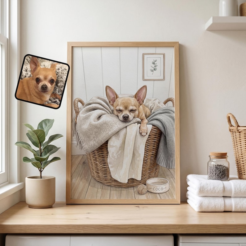 May include: A framed wall art print featuring a tan Chihuahua sleeping inside a woven wicker basket lined with soft beige and gray blankets. A small white bowl with the name Coco printed on the side sits on the floor next to the basket.