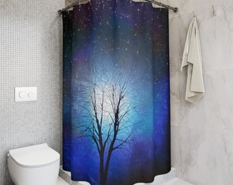 Starry Night Tree Art Blue Tree  Shower Curtain | Gifts for Home | 71x74 inches