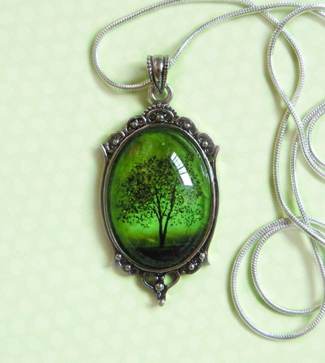 Wearable Art Cameo Silver Necklace. Green Tree Necklace.christmas Gifts