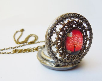 Ruby Sunset Pocket Watch Necklace - Antique Bronze Wearable Art