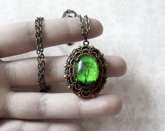 Green tree necklace.tree locket.Wearable Art Locket necklace Valentine's gift woodland jewelry cameo necklace bridesmaid gift