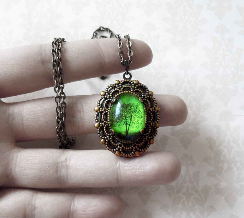 Green tree necklace.tree locket.Wearable Art Locket necklace Valentine's gift woodland jewelry cameo necklace bridesmaid gift image 1