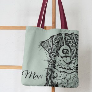 Puede incluir: Una bolsa de lona verde claro con una ilustraci&oacute;n en blanco y negro de la cabeza de un perro. El perro est&aacute; mirando a la c&aacute;mara con la lengua fuera. El nombre "Max" est&aacute; impreso en negro en la bolsa.
