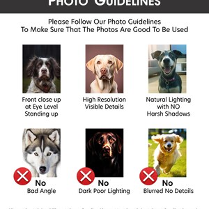 Puede incluir: Una gu&iacute;a con fotos de perros que muestran buenos y malos ejemplos de fotos de mascotas para usar en retratos de mascotas personalizados. La gu&iacute;a muestra ejemplos de buenas fotos con iluminaci&oacute;n natural, alta resoluci&oacute;n y un primer plano frontal a la altura de los ojos. La gu&iacute;a tambi&eacute;n muestra ejemplos de malas fotos con un &aacute;ngulo malo, iluminaci&oacute;n oscura y borrosa, y detalles borrosos. El texto dice "Photo Guidelines: Please Follow Our Photo Guidelines To Make Sure That The Photos Are Good To Be Used. Please Be Advised That A Poor Quality Photo May Result in A Poor Quality Portrait. Its Your Responsibility to Send Us A Good Photo to Work with."