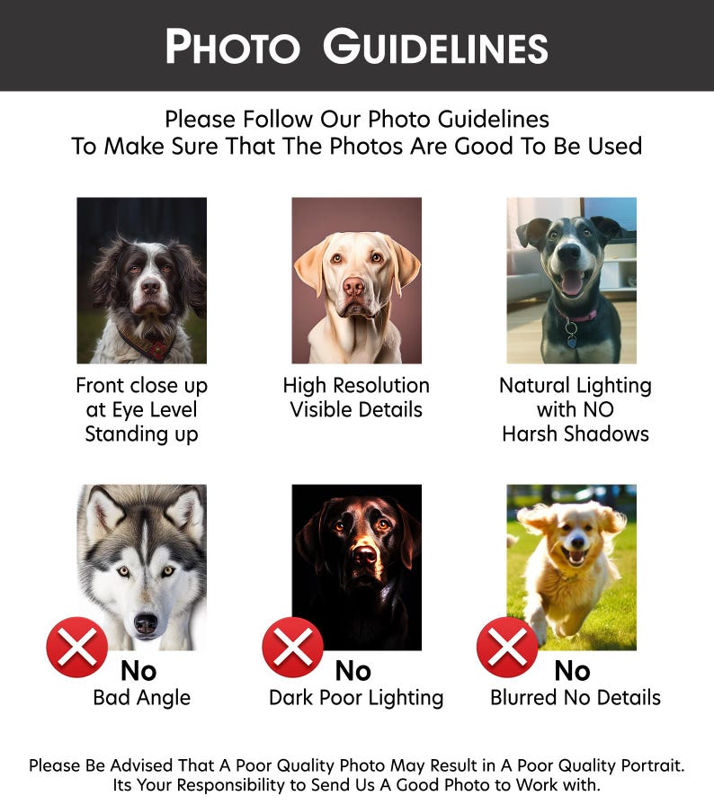 Puede incluir: Una gu&iacute;a con fotos de perros que muestran buenos y malos ejemplos de fotos de mascotas para usar en retratos de mascotas personalizados. La gu&iacute;a muestra ejemplos de buenas fotos con iluminaci&oacute;n natural, alta resoluci&oacute;n y un primer plano frontal a la altura de los ojos. La gu&iacute;a tambi&eacute;n muestra ejemplos de malas fotos con un &aacute;ngulo malo, iluminaci&oacute;n oscura y borrosa, y detalles borrosos. El texto dice "Photo Guidelines: Please Follow Our Photo Guidelines To Make Sure That The Photos Are Good To Be Used. Please Be Advised That A Poor Quality Photo May Result in A Poor Quality Portrait. Its Your Responsibility to Send Us A Good Photo to Work with."
