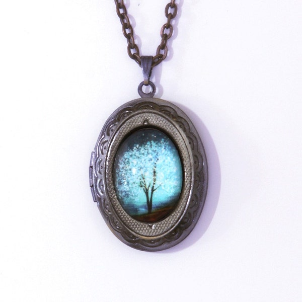 Blue Locket Sapphire Wind Wearable Art Locket.tree necklace.tree locket-silver locket-Mother's Day gift.Valentine's gift.bridesmaid gift
