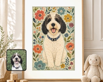 May include: A framed vertical art print featuring a stylized illustration of a cream and black dog with a blue collar, surrounded by a colorful floral pattern of red, yellow, and blue flowers and green leaves, set against a light background.