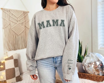 Personalized Mama Sweatshirt with Kid Name on Sleeve, Mom Sweatshirt, I Wear My Heart on My Sleeve Sweatshirt, Mothers Day Gift